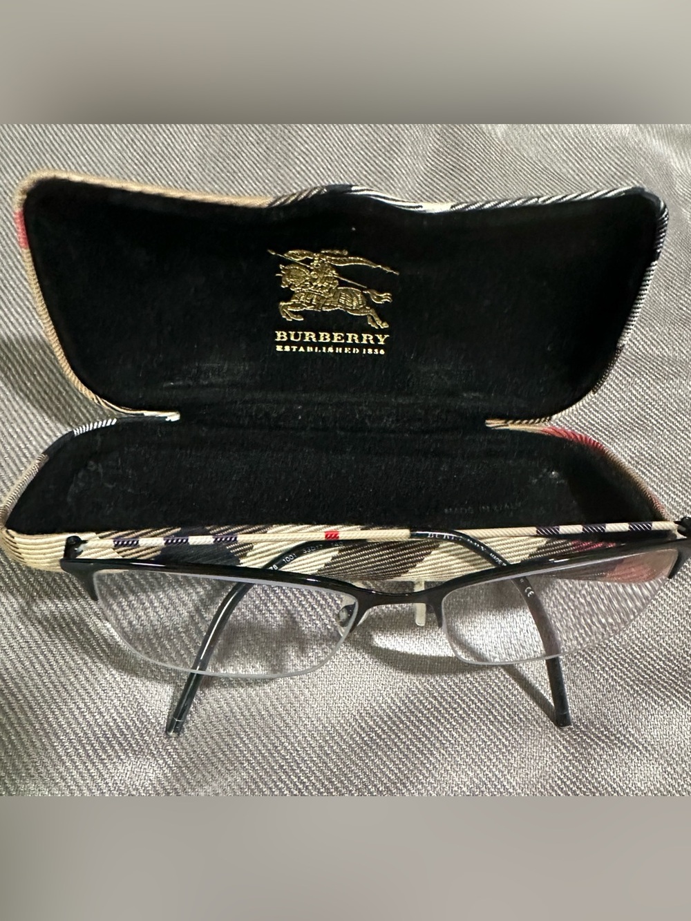 Burberry Black Metal Rim Eyeglasses with Plaid Case Interior